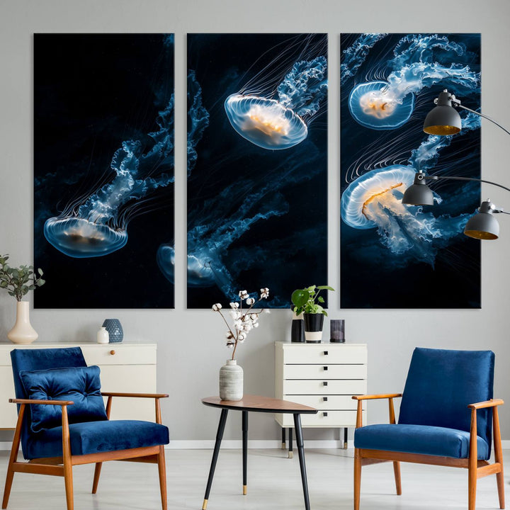 The "Jellyfish Wall Art Canvas Print," featuring a sea-themed design of glowing jellyfish, is displayed in high-resolution on museum-quality canvas.