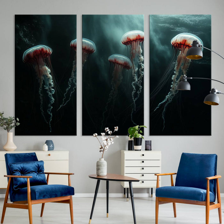 The Abstract Jellyfish Wall Art Canvas Print, framed in the USA and showcased on museum-quality canvas with high-resolution printing, adds a decorative touch to the space.