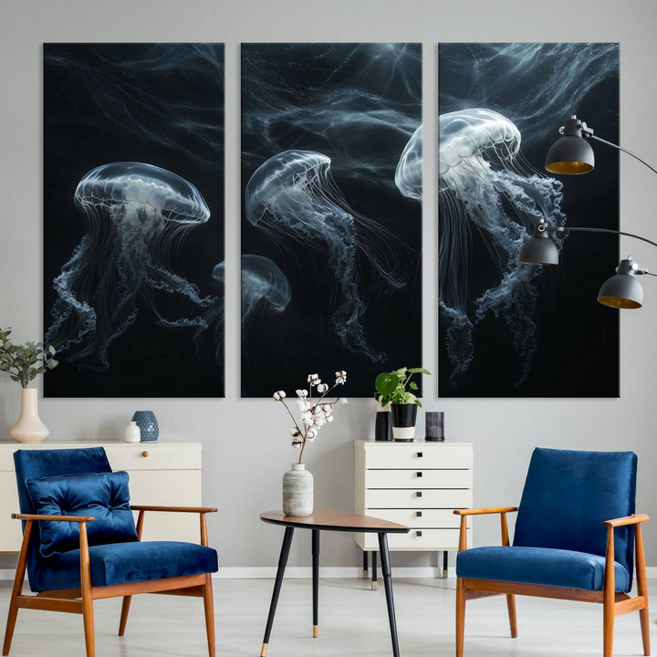 The Jellyfish Wall Art Canvas Print features glowing jellyfish in vibrant colors on museum-quality canvas.