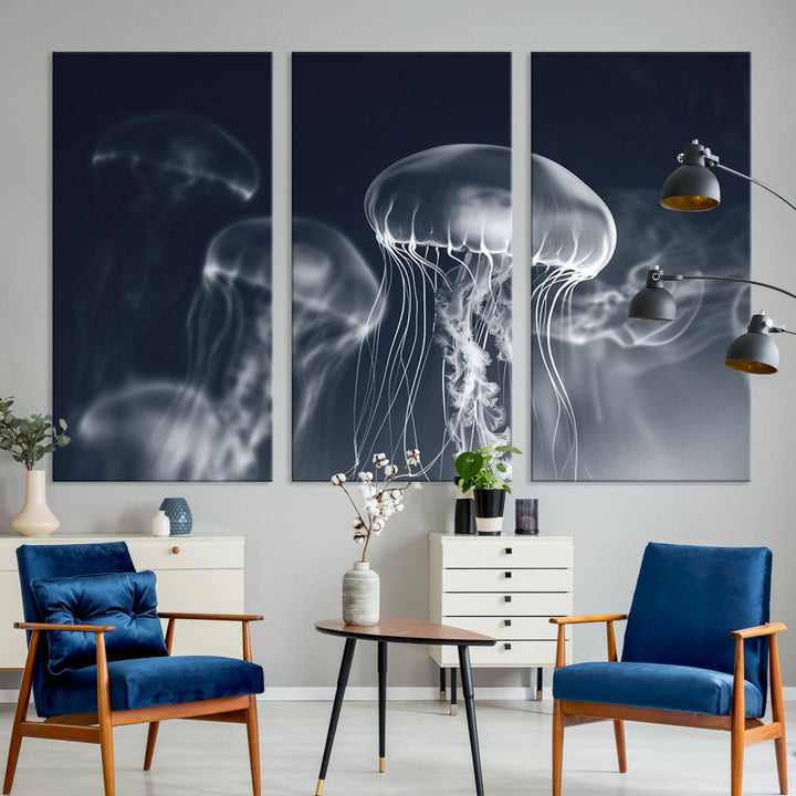 A stunning Jellyfish Wall Art Canvas Print showcases museum-quality canvas through high-resolution printing.