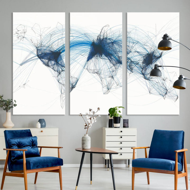 The Aviation Flight Map Wall Art is a set of three abstract panels featuring a world map with blue lines, resembling a flight map. Ideal for aviation enthusiasts, this ready-to-hang framed air traffic art print enhances the appeal of modern decor.