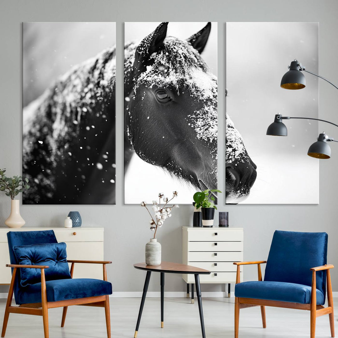 A set of Winter Horse Snow Wall Art Canvas Prints hangs, creating the perfect touch of Rustic Cabin Decor.