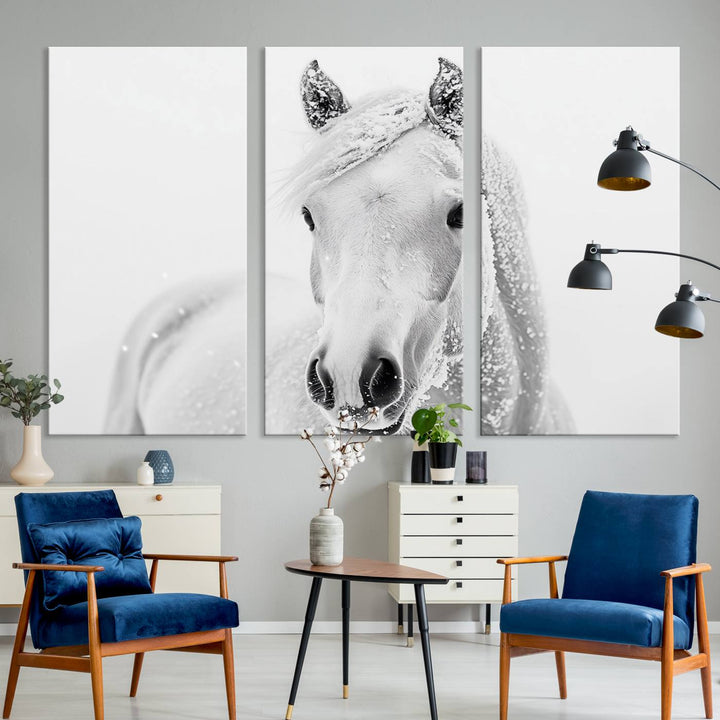 The dining room features the Majestic White Horse Wall Art, adding to its rustic charm.