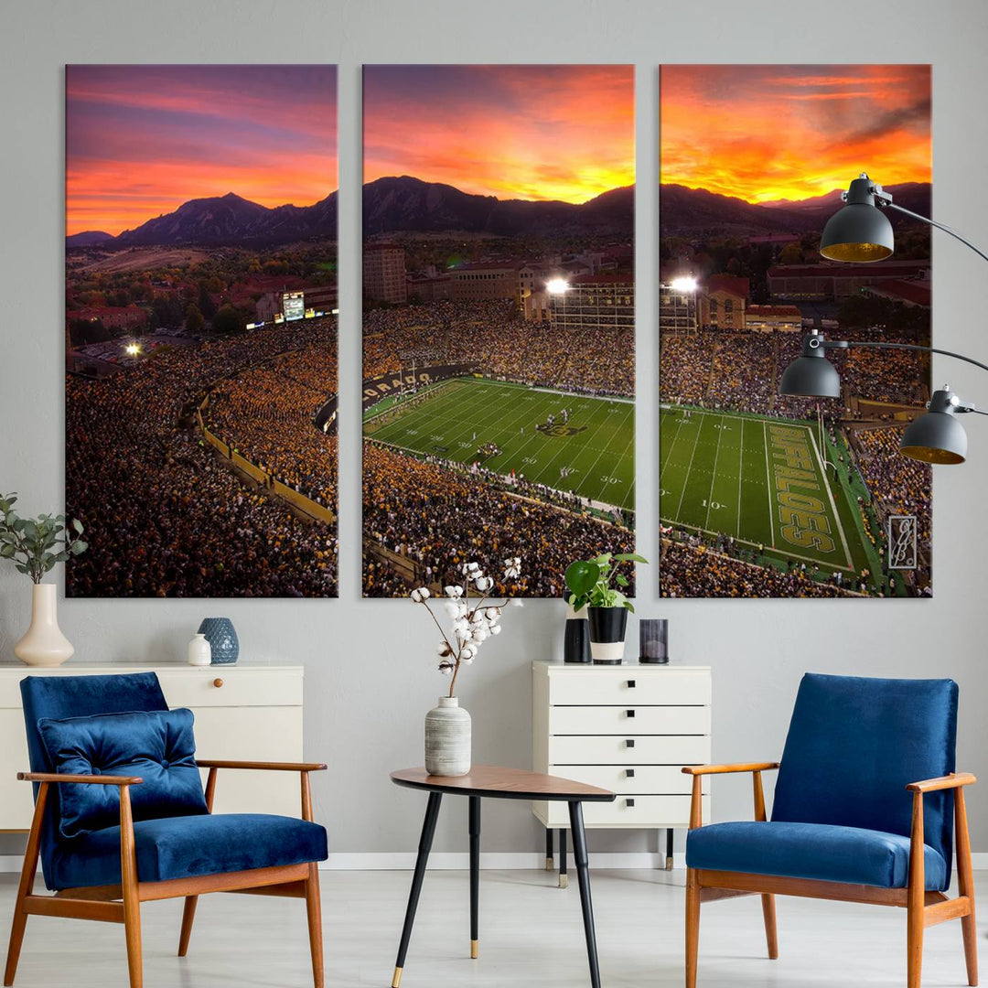 The living room showcases a lively wall art canvas print titled "Folsom Field - University of Colorado Buffaloes Football Stadium," capturing the essence of the University of Colorado.