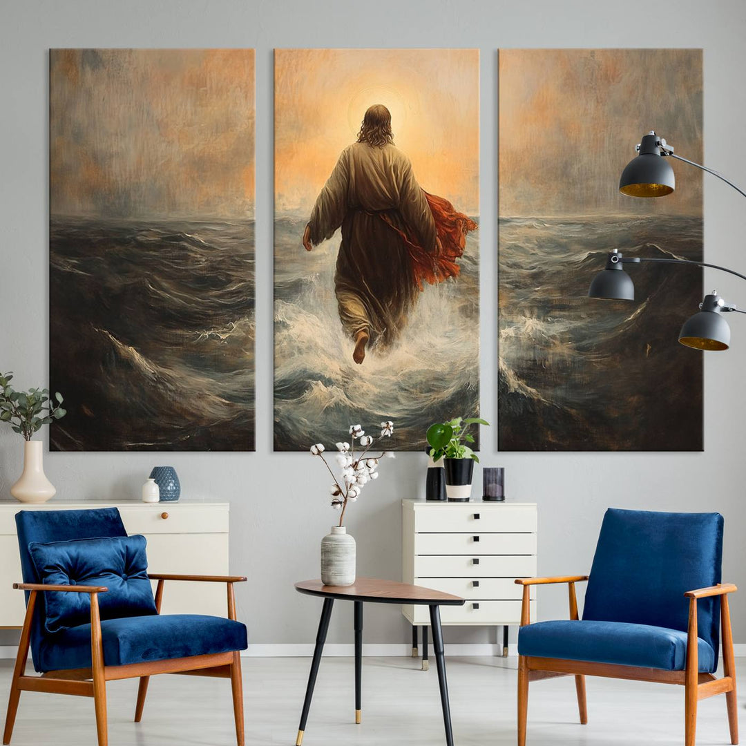 A modern living room is adorned with a triptych titled "Jesus Walking on Water, Christian Wall Art, Jesus Christ Walking on Oil Painting Style Print." The artwork, presented on museum-quality canvas, showcases vibrant colors and exquisite detail.