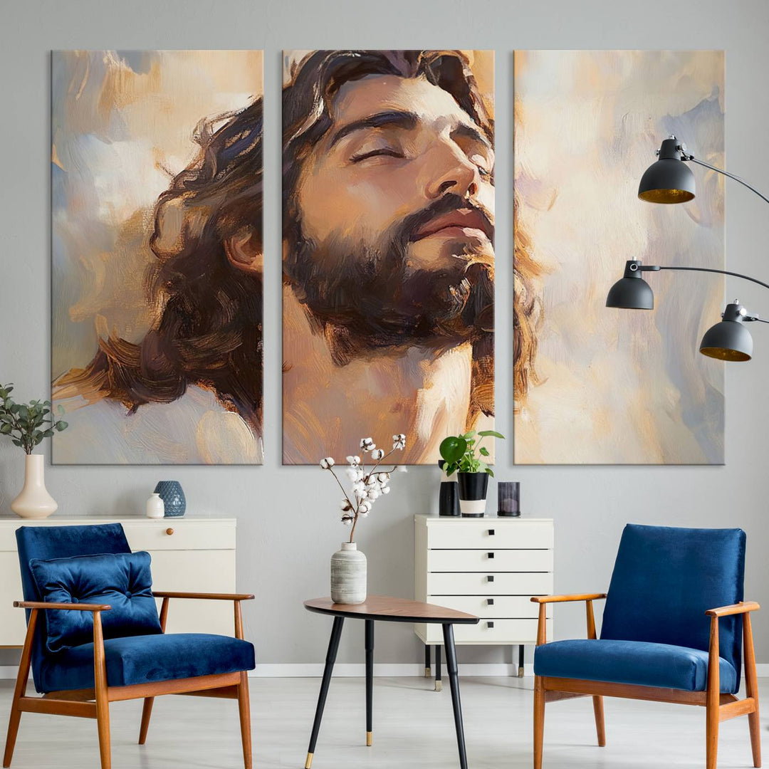 This museum-quality canvas print, titled "Jesus Portrait," features an oil painting style depiction of Jesus Christ with a closed-eyed expression. The high-resolution printing captures every detail beautifully.