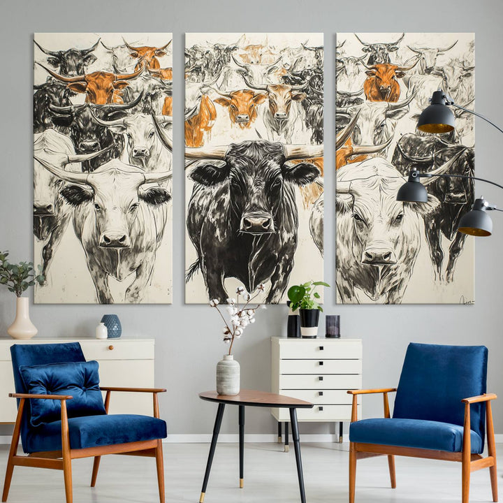 This exquisite farmhouse wall art, titled "Western Longhorn Cattle Canvas Print," showcases a majestic herd of longhorn cattle in a three-panel design. This ready-to-hang and framed barn decor infuses your space with rustic charm.