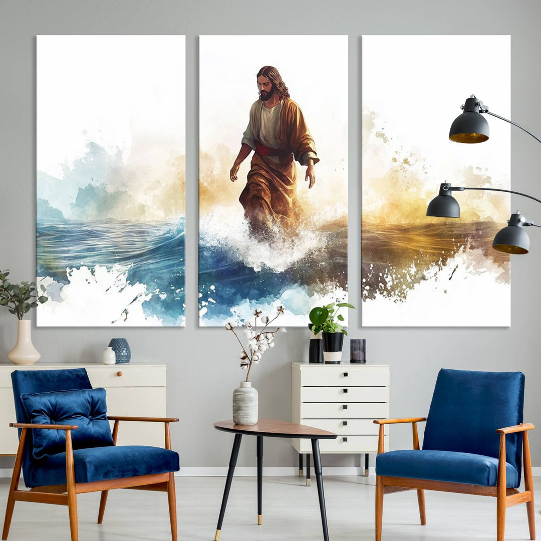 Watercolor Jesus Walking on Water Canvas Print, Christian Wall Art, Jesus Christ Walking