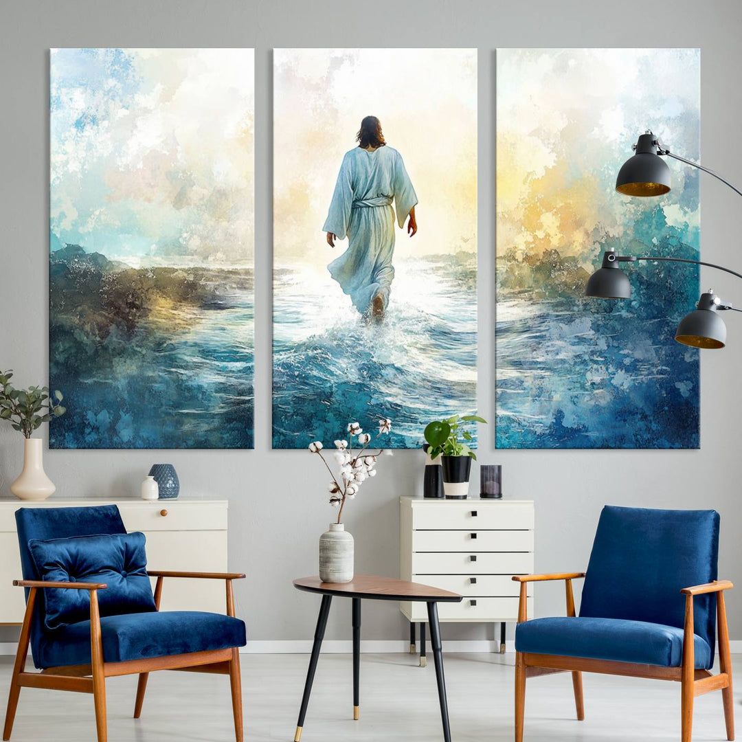 Watercolor Jesus Walking on Water Canvas Print, Christian Wall Art, Jesus Christ Walking