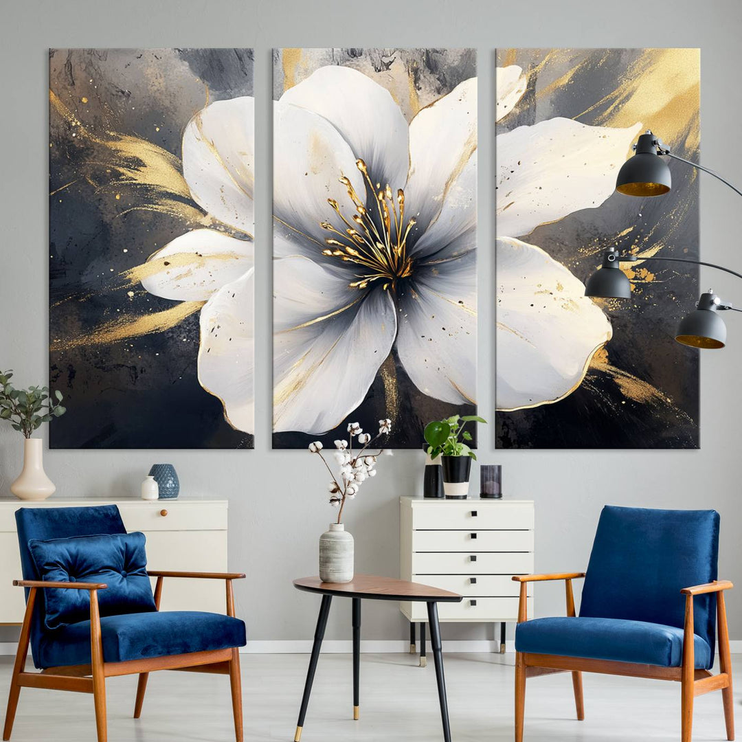 White Flower Wall Art | Canvas Print | Ready to Hang | Abstract Floral Wall Decor | Elegant Bloom Artwork | Framed for Living Room or Bedroom