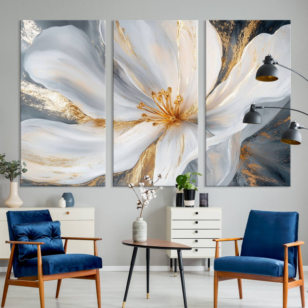 White and Gold Floral Canvas Wall Art - Framed and Ready to Hang - Perfect for Modern Living Rooms