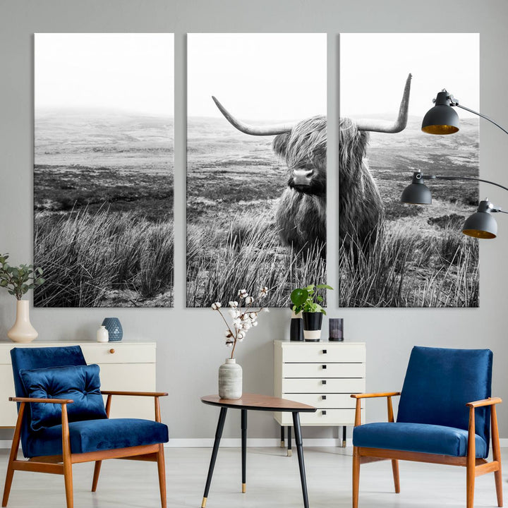 Scottish Highland Cow Wall Art | Black and White Canvas Print | Ready to Hang and Framed | Rustic Farmhouse Wall Decor for Living Room or Office