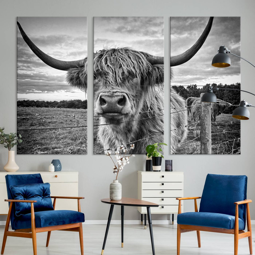 Scottish Highland Cow Wall Art Canvas Print | Ready to Hang and Framed | Rustic Farmhouse Decor