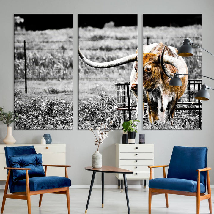 Majestic Texas Longhorn Cow Wall Art | Rustic Farmhouse Décor | Ready to Hang Canvas Print