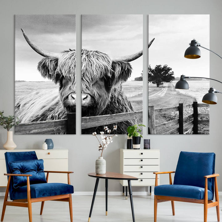 Scottish Highland Cow Wall Art | Rustic Farmhouse Décor | Black and White Ready to Hang Canvas Print