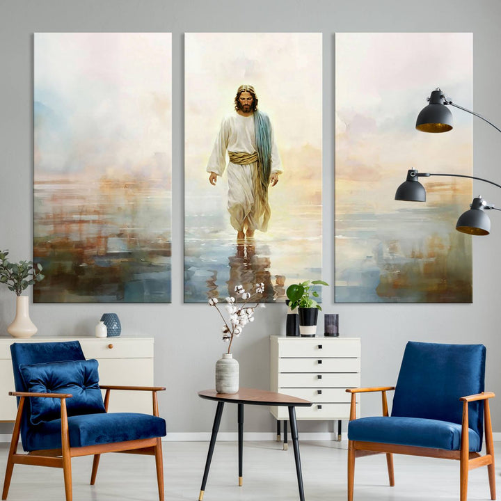 Framed Jesus Walking on Water Wall Art - 3-Panel Christian Canvas Prints, Religious Artwork, Ready to Hang Home Decor for Living Room, Office, or Church