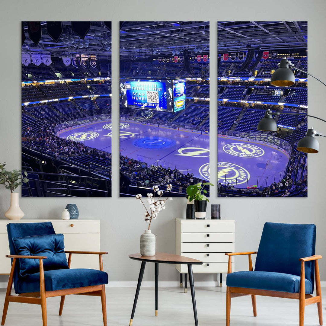 The wall art canvas print at Amalie Arena features team logos on ice, encapsulating the vibrant atmosphere of an NHL hockey stadium.