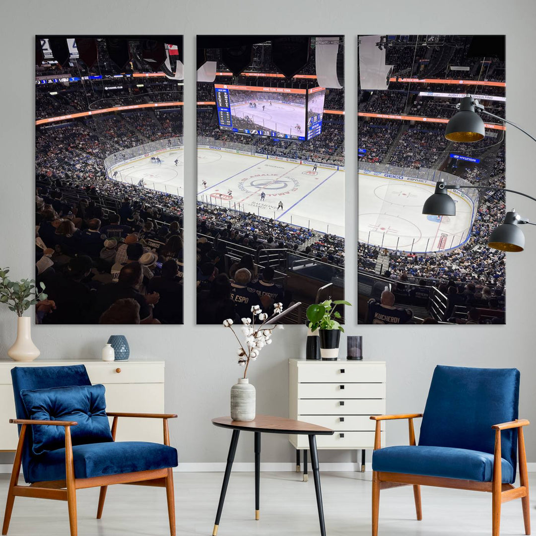 A wall art canvas of Amalie Arena, capturing NHL hockey in Florida.