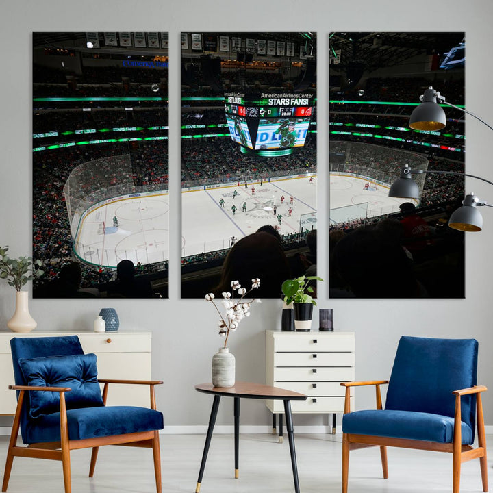 The Dallas Stars Wall Art Canvas Print is as clear as the scoreboard stats at a hockey game in a large arena with bright lights.