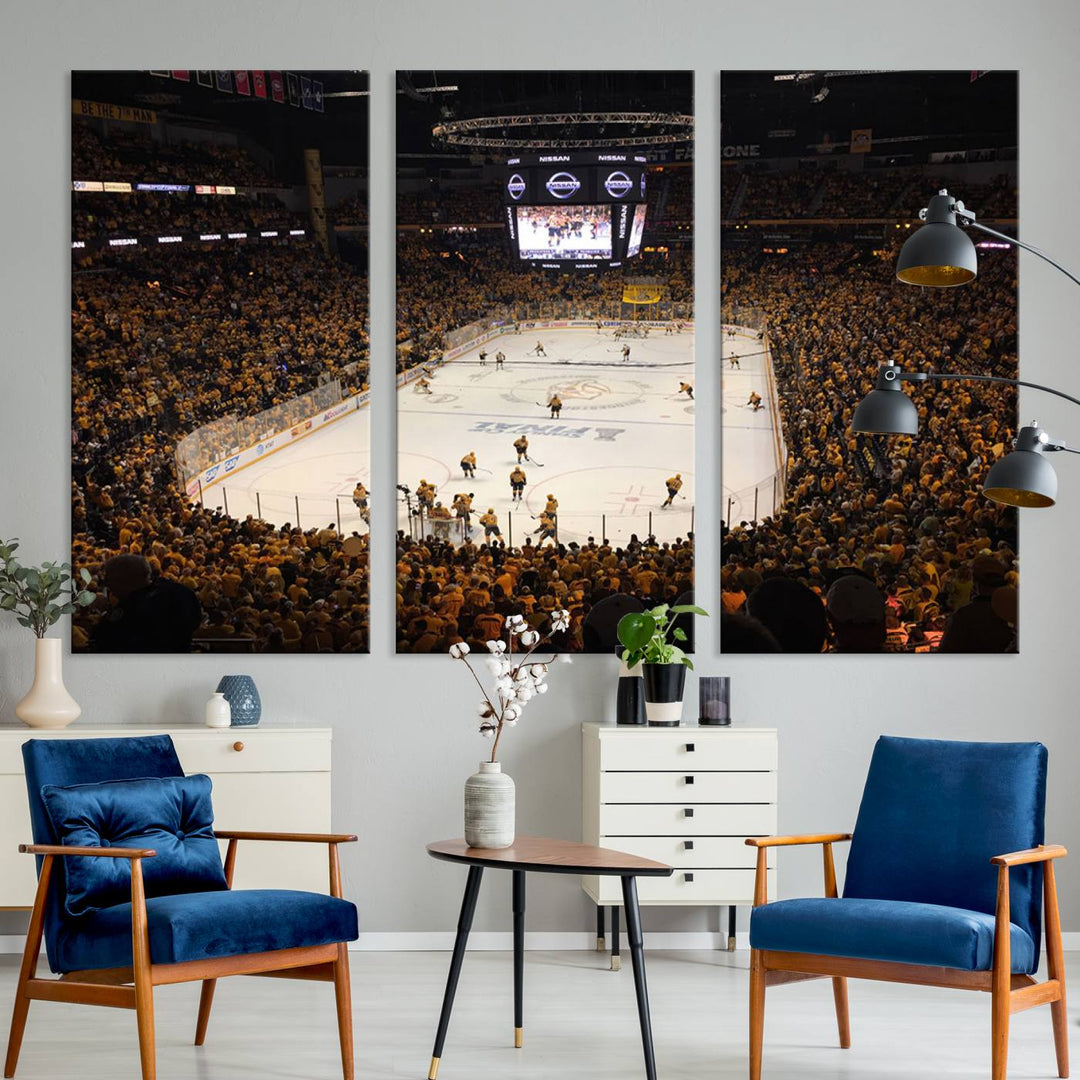 A captivating triptych canvas print, titled "Bridgestone Arena - Nashville Predators Hockey Team Print," adorns the wall. This Nashville wall art canvas print is perfect for Predators fans who appreciate sports-themed decor.