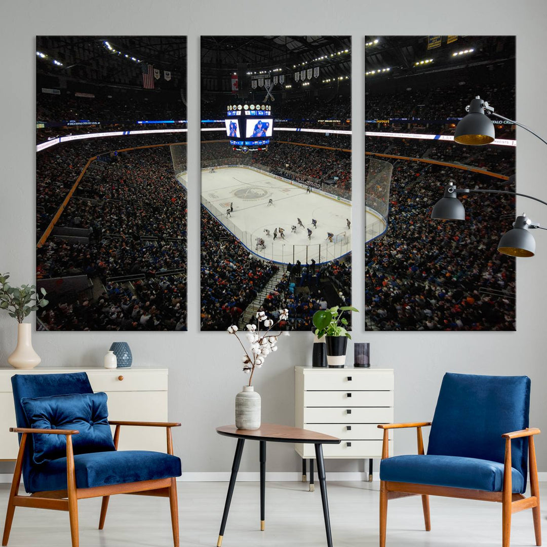 The nautical-themed room is enhanced by the KeyBank Center New York Buffalo Sabres Hockey Stadium Wall Art Canvas Print, a three-panel depiction of a bustling hockey arena with a gallery-quality finish. This canvas artwork, handmade in the USA, introduces an element of sporting elegance to your decor.