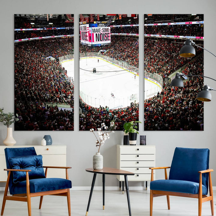 The living room features the PNC Arena Raleigh North Carolina Hurricanes Hockey Stadium Wall Art Canvas Print, which depicts a crowded ice hockey stadium with enthusiastic fans and an ongoing game, all rendered in high-resolution on museum-quality canvas.