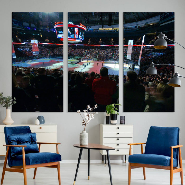 Experience the intense atmosphere of a full-capacity ice hockey game at Rogers Arena, home of the Vancouver Canucks, captured on museum-quality canvas.