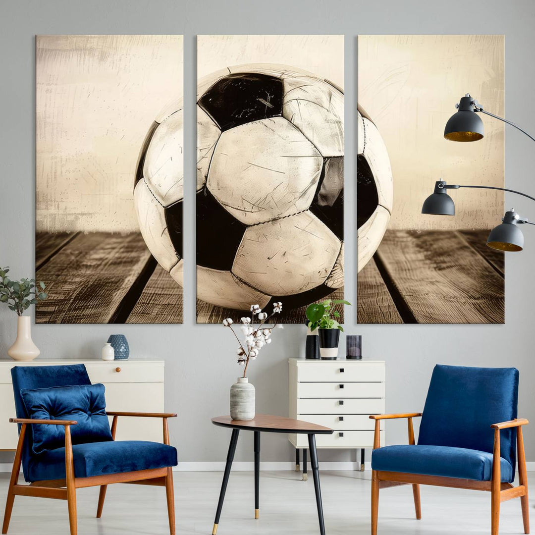 Vintage Soccer Ball Triptych Canvas Art – 3-Panel Soccer Wall Decor, Framed and Ready to Hang Sports Art for Home, Office, or Gym