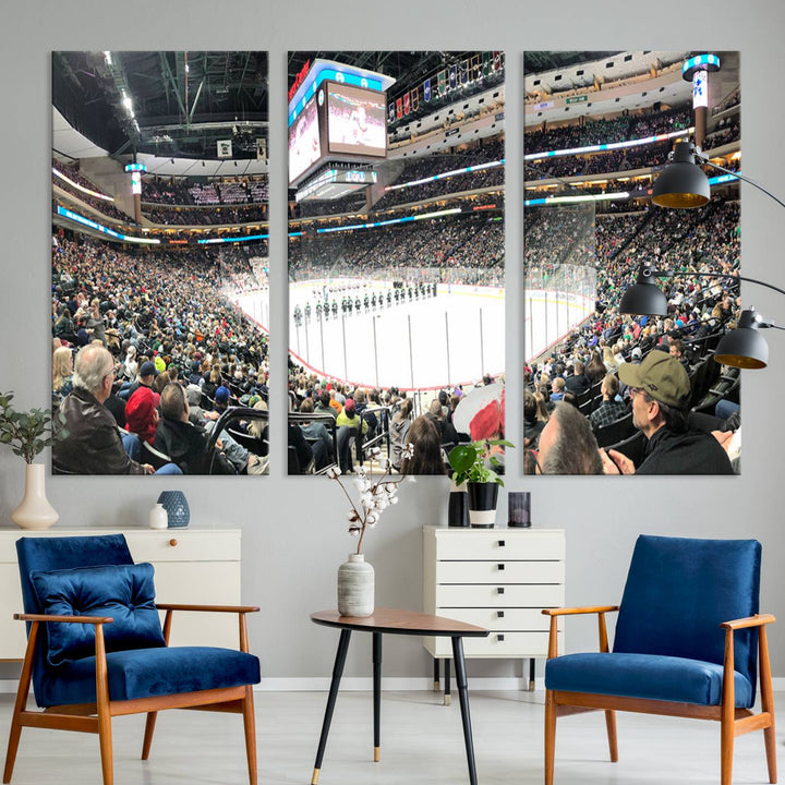 The Xcel Energy Center St Paul Minnesota Wild Ice Hockey Stadium Wall Art Canvas Print captures a packed hockey arena with spectators watching players on the ice. It is elegantly preserved on museum-quality canvas with vibrant details protected by a UV-protective coating.