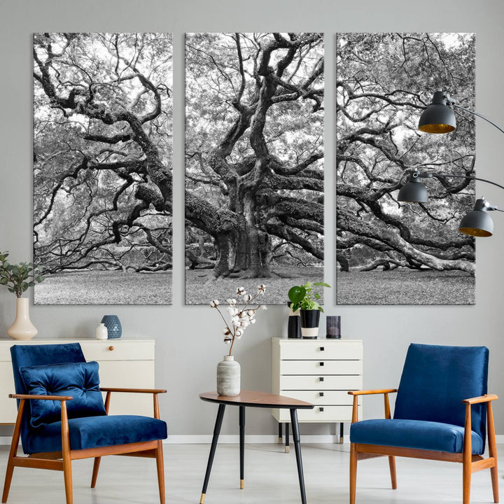 Black White Angel Oak Tree Wall Art - Timeless Nature-Inspired Canvas for Rustic, Modern, or Traditional Home Decor