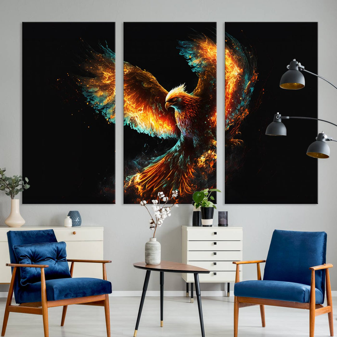 Fiery Phoenix Canvas Print | Ready to Hang Wall Art | Bold Fantasy Decor for Living Room | Majestic Bird Artwork