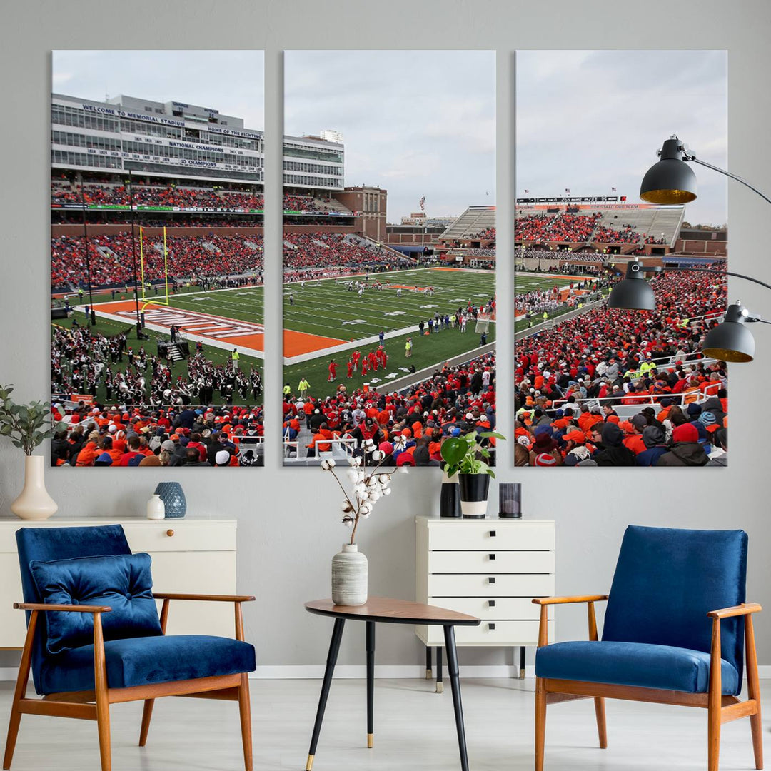 University of Illinois Fighting Illini Football Team Print - Champaign Illinois Memorial Stadium Wall Art Canvas Print