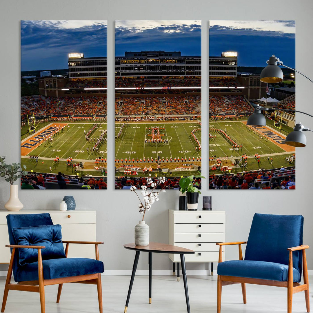 University of Illinois Fighting Illini Football Team Print - Champaign Illinois Memorial Stadium Wall Art Canvas Print