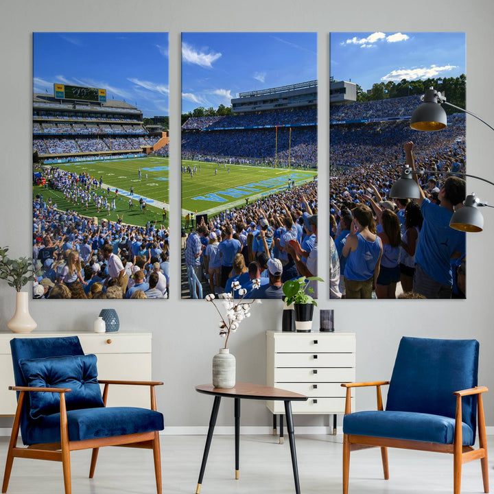 A gallery-quality canvas wall art print featuring the University of North Carolina Tar Heels Football Team and Chapel Hill's Kenan Memorial Stadium adorns the cafe wall.