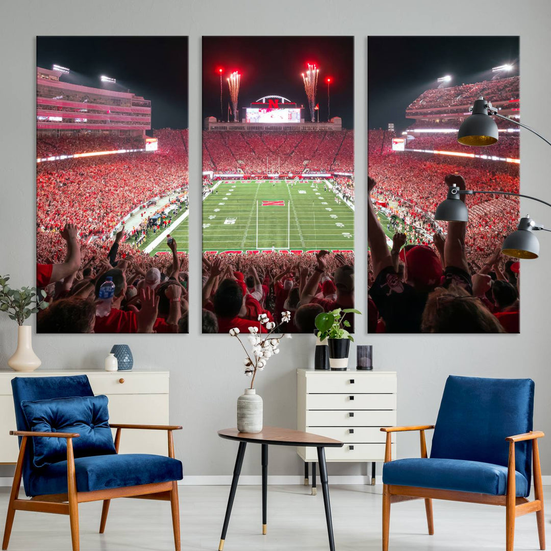 The University of Nebraska Cornhuskers Football Team Print, a vibrant three-panel canvas depicting Lincoln Memorial Stadium filled with enthusiastic fans from the end zone perspective, features a gallery-quality finish.