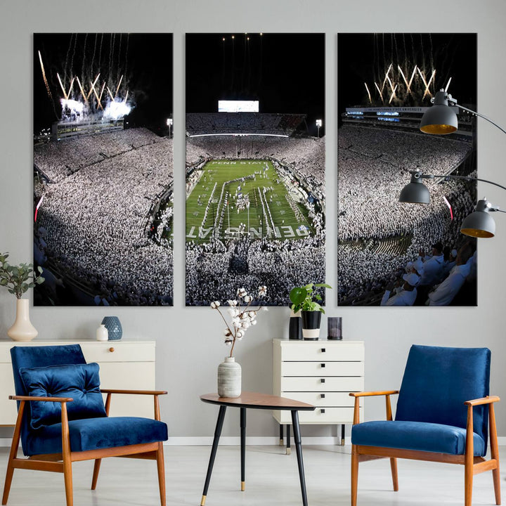 Wide-angle print of a packed stadium with fireworks, ideal gallery-quality wall art - Penn State Nittany Lions Canvas.