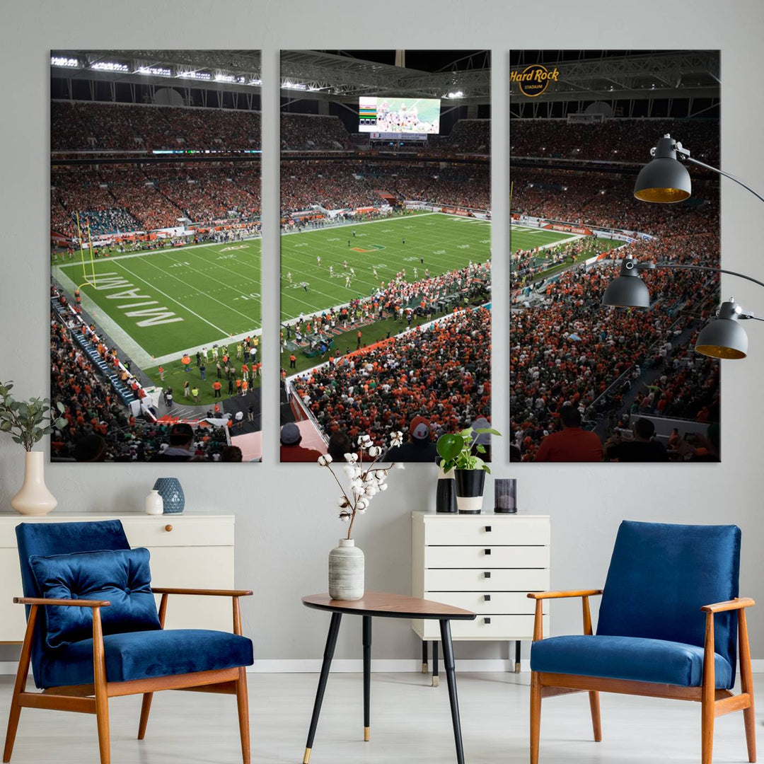 Aerial view of a Miami Hurricanes game at Hard Rock Stadium captured on canvas print, showcasing the teams on the field and fans in the stands.