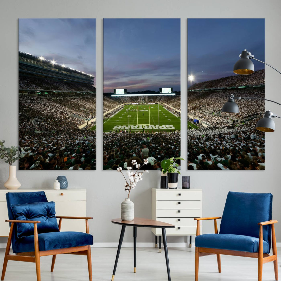 Wall art featuring a stadium at dusk with full stands—ideal for the Michigan State Spartans Football Team Canvas Print.