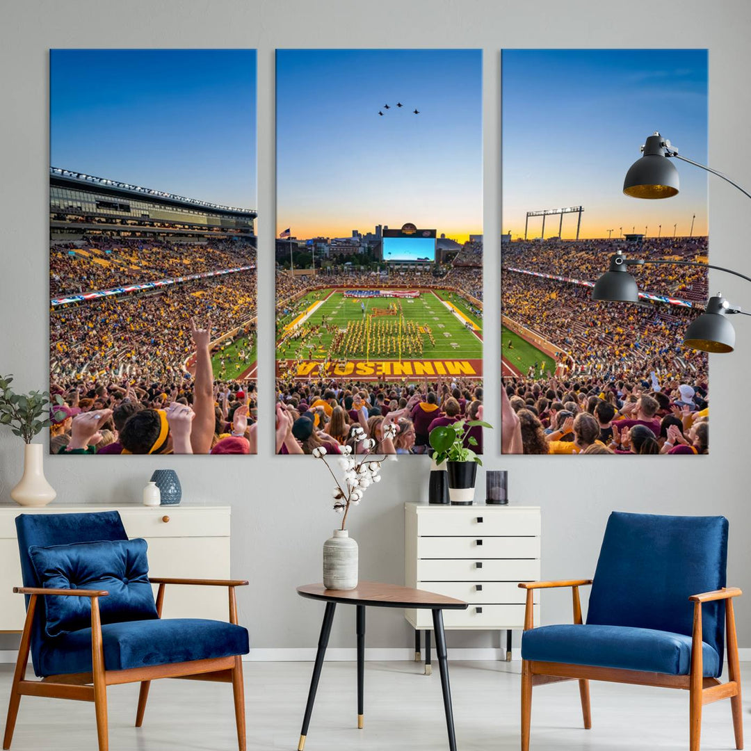 Canvas wall art featuring the University of Minnesota Football Team print, showcasing Huntington Bank Stadium at sunset with jets overhead.