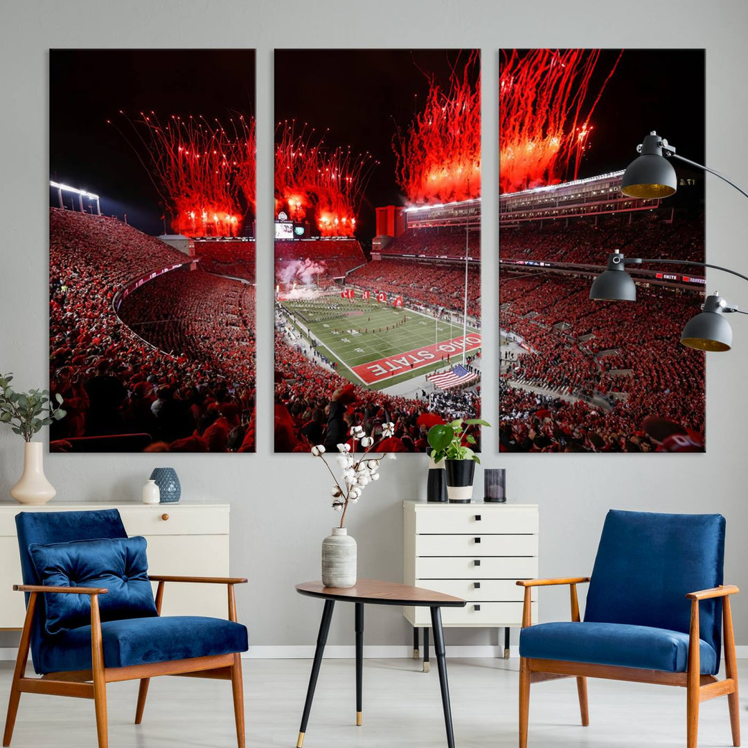 A vibrant red canvas art of a packed Ohio State Buckeyes stadium at night with fireworks.