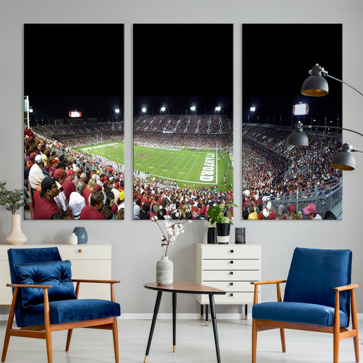 This Stanford University Cardinal Football Team canvas print, depicting fans in red filling Stanford Stadium at night, is perfect.