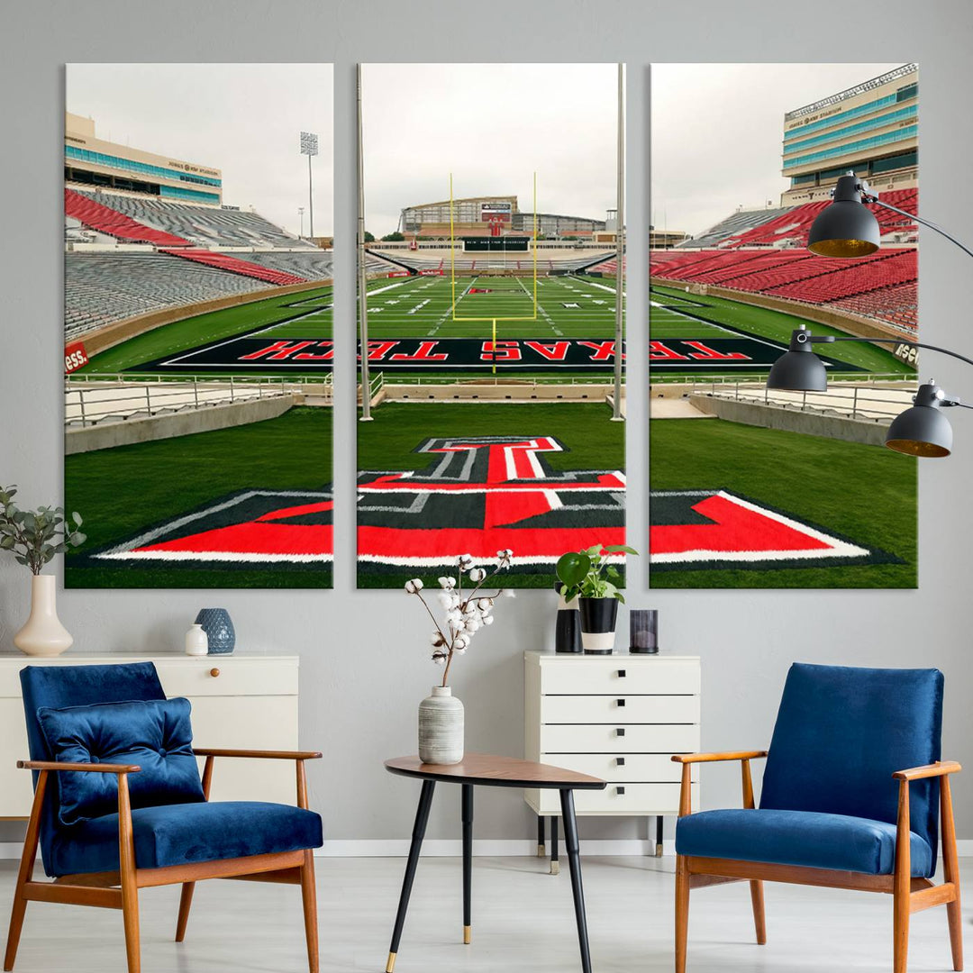 Gallery-quality print of Lubbock Jones AT&T Stadium featuring the Texas Tech Red Raiders field, highlighted by red and gray bleachers.