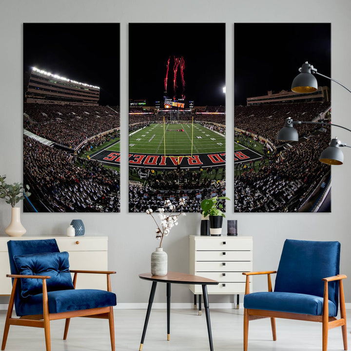 The wall features a Texas Tech Red Raiders Football Team Print on canvas, showcasing fireworks over a packed stadium at night.