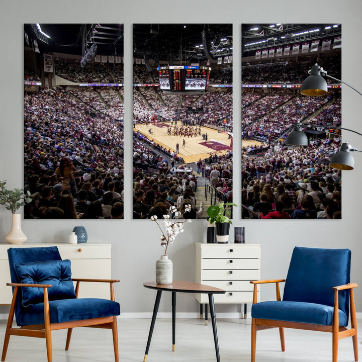 The Nebraska Basketball Arena Wall Art Canvas features an arena filled with Cornhuskers fans and players beneath a scoreboard.