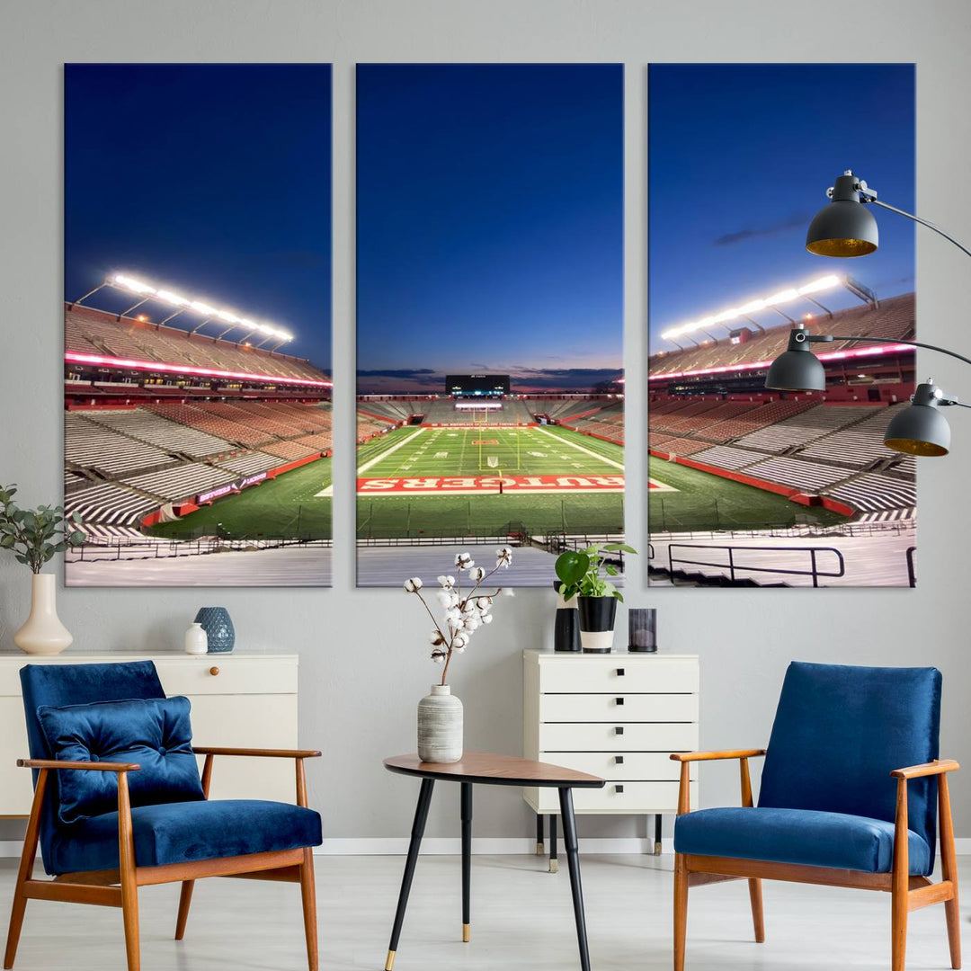 A large SHI Stadium at dusk, ideal for a Rutgers Scarlet Knights Football Team canvas print.