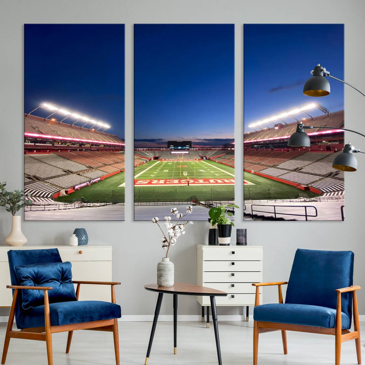 A large SHI Stadium at dusk, ideal for a Rutgers Scarlet Knights Football Team canvas print.