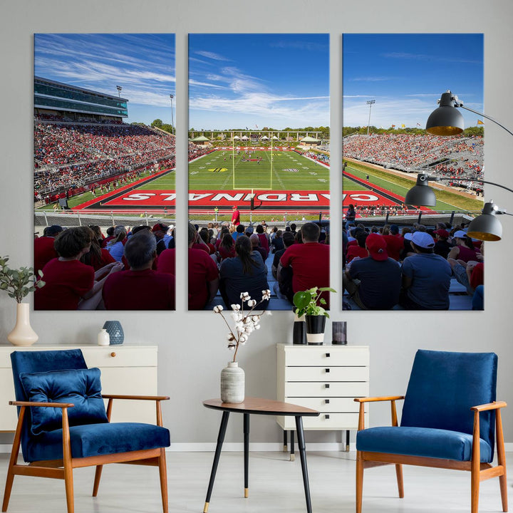 The Ball State Cardinals wall art on canvas depicts fans in red at Scheumann Stadium.