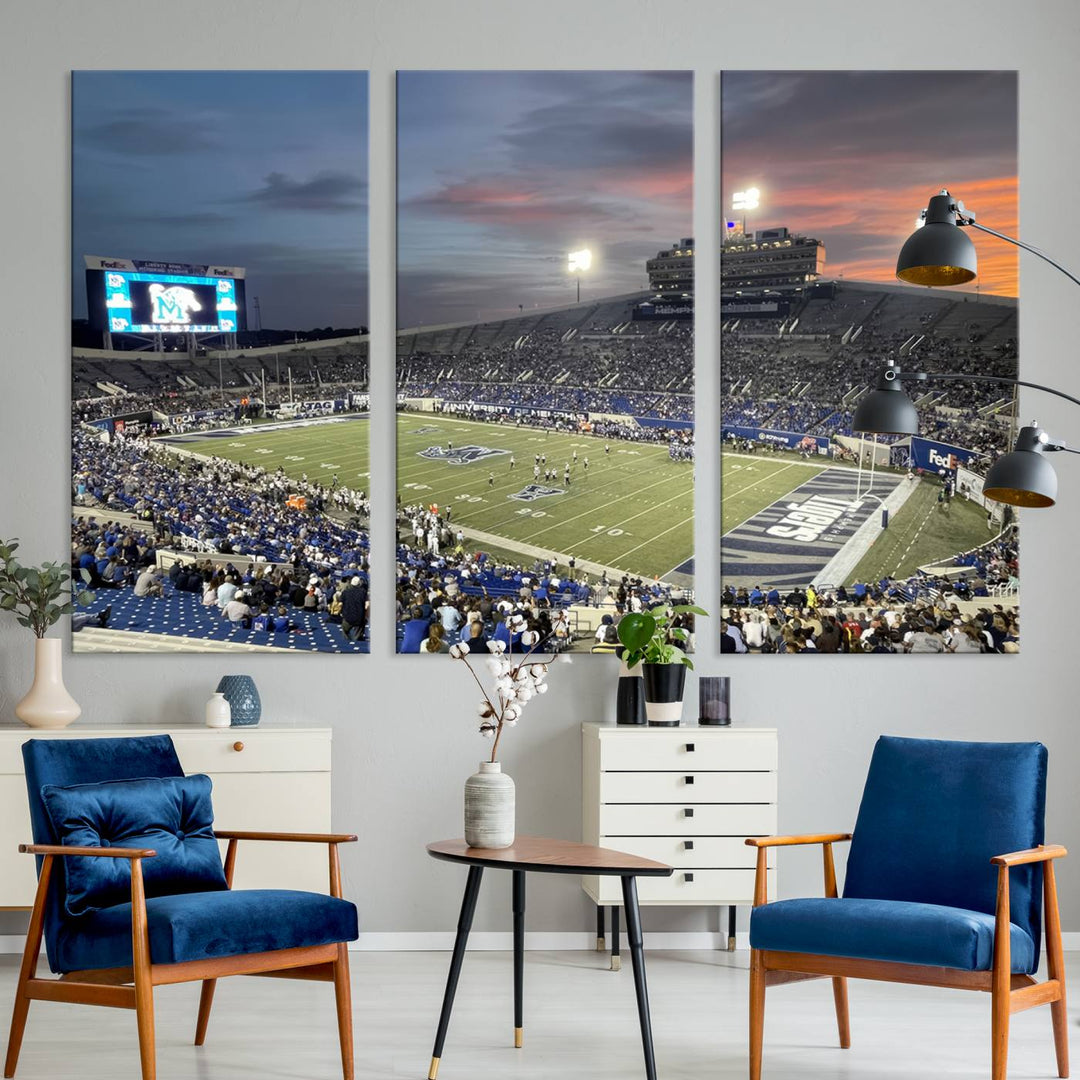 A Memphis Tigers football canvas print of Simmons Bank Liberty Stadium at sunset enhances the living room.