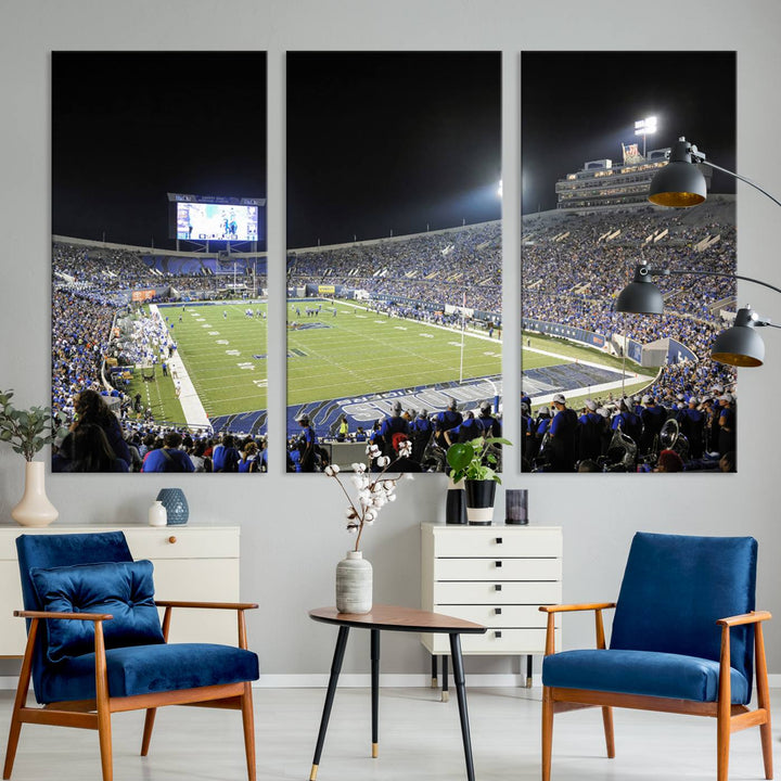 A vibrant depiction of Liberty Stadium at night, highlighting a Tigers football game on the large screen with stands filled with enthusiastic fans.