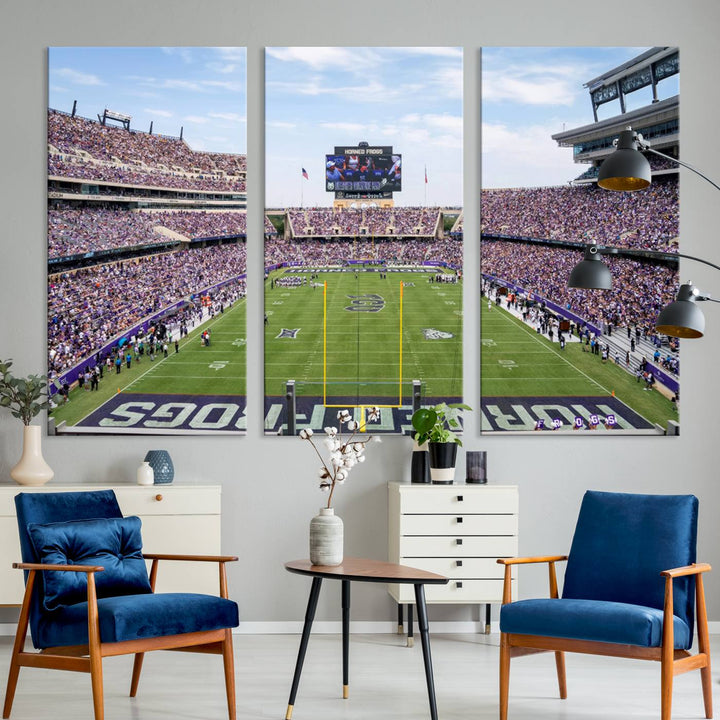 The TCU Horned Frogs print portrays a vibrant Amon G. Carter Stadium, filled with energy and game action.